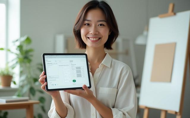 환한 미소를 지으며 디자인 스케치를 보여주는 UI/UX 디자이너